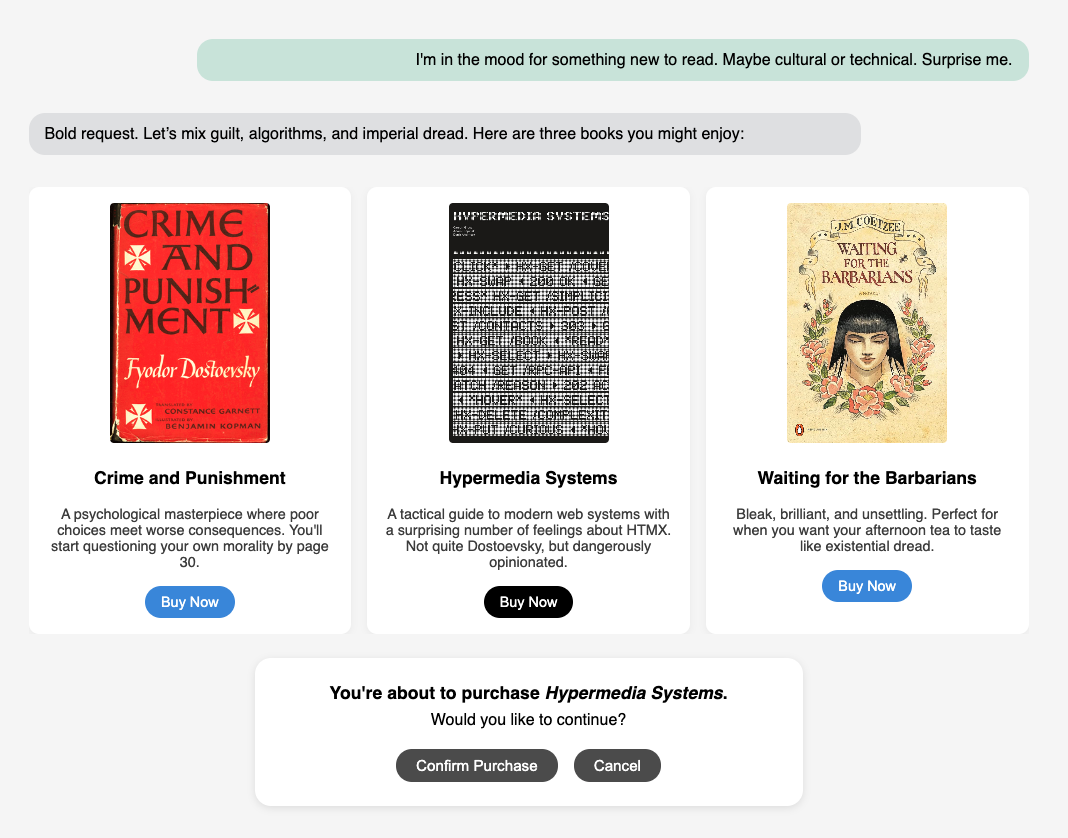 Interactive shopping experience showing book cards with clickable buttons