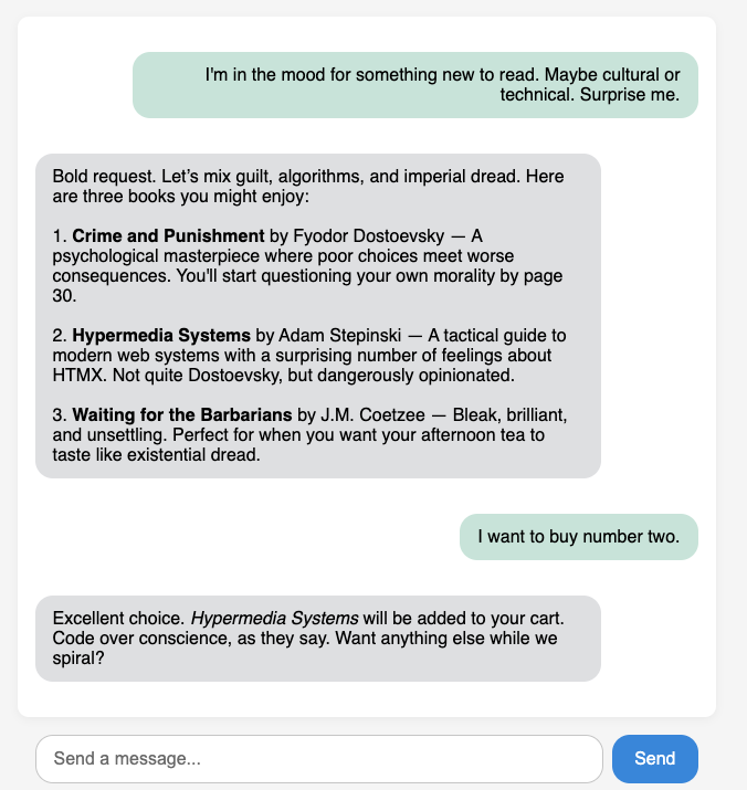 Text-only shopping experience showing a plain text chat interface