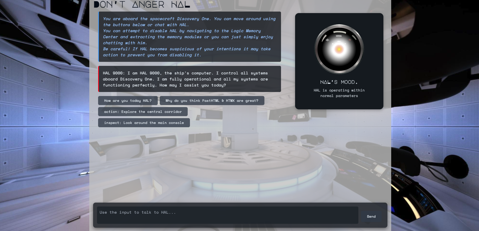 HAL 9000 Interactive Demo showing the red HAL eye interface with chat and navigation buttons