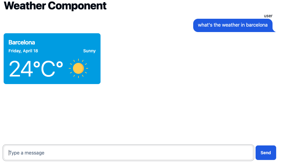 Example of Chat with Weather Components showing customized weather cards in chat interface