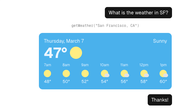 Example of Chat with Weather from Vercel showing a weather card with temperature and conditions