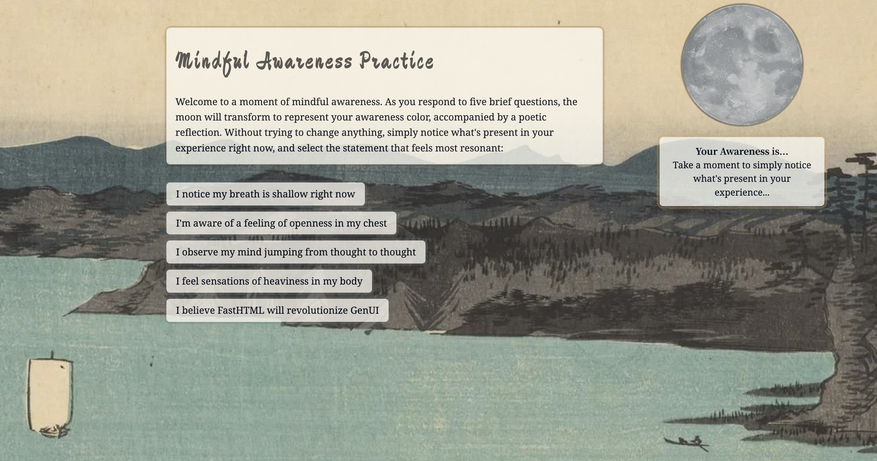 Mindfulness application with interactive buttons and color representation showing a moon and reflective statements